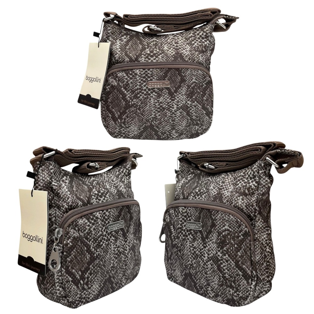 Baggallini Women's Joey Bagg Python Print Crossbody Bag Tan Brown 8x6.5x2.5"